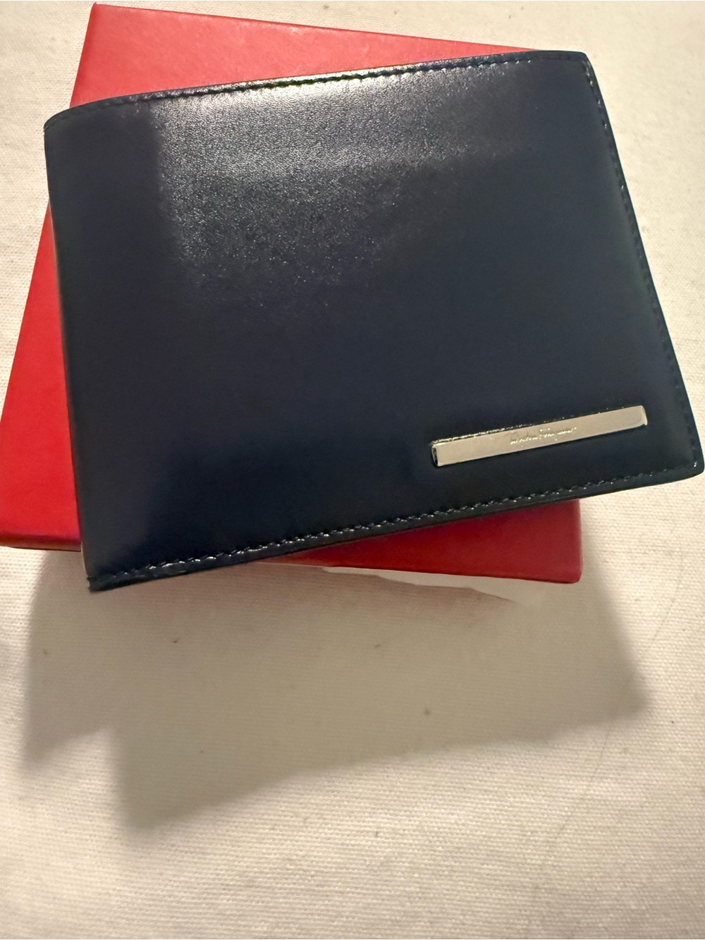 Salvatore Ferragamo Navy Leather Bi-Fold Wallet with Silver Plaque